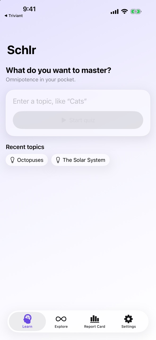 Schlr home screen with a topic field and recent topics