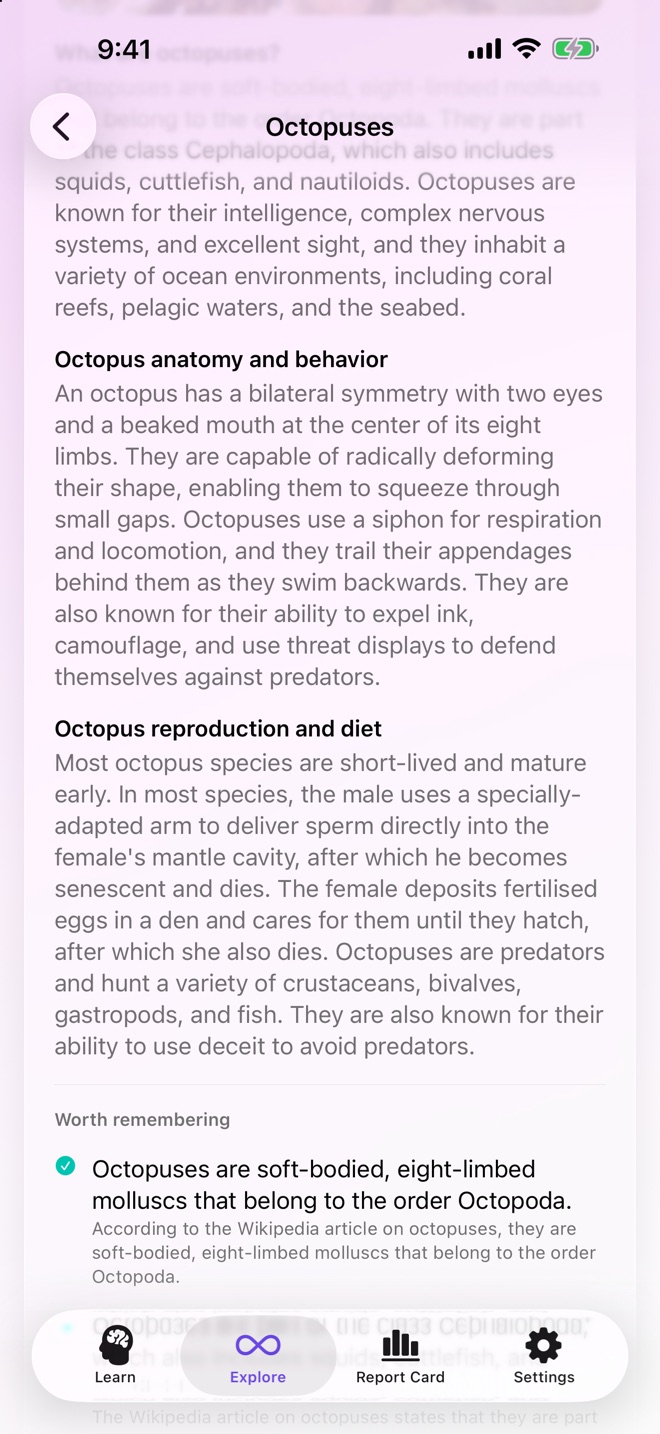 An Explore lesson about octopuses with verified facts cited to Wikipedia