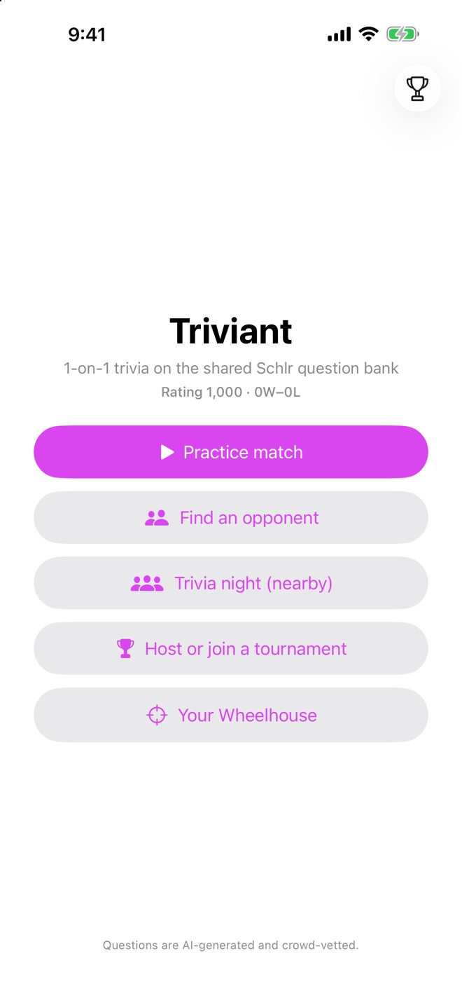 The Triviant home screen: practice match, find an opponent, trivia night, tournaments, and your Wheelhouse